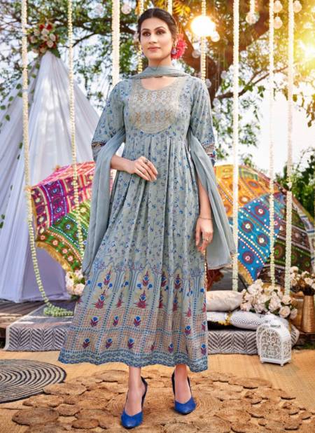 Gray Colour Dastoor Wanna New Latest Designer Festive Wear Rayon Gown With Dupatta Collection 1001